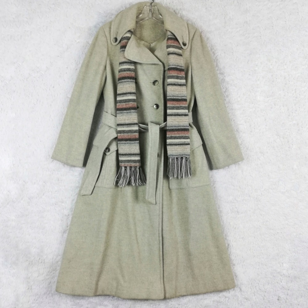 Vtg Montello Jacket Trench‎ Coat Wool Blend Double Breasted Khaki Belted Long XS